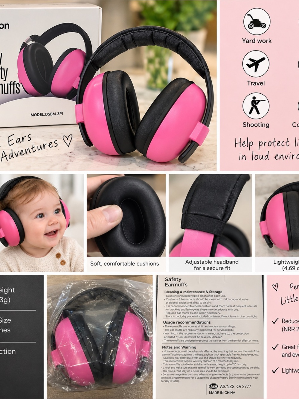 Dison Baby Safety Earmuffs Pink NRR 22dB Noise Reduction 3M-3Y NEW